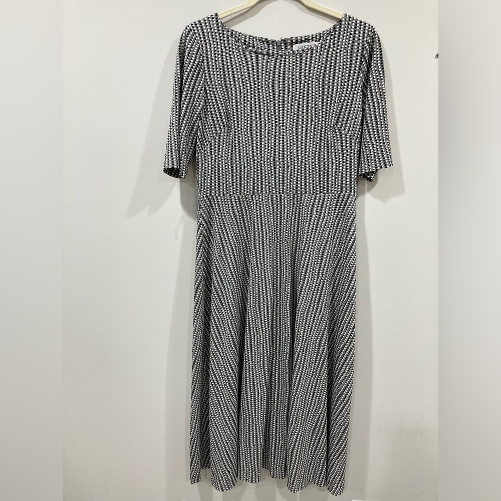 Kasper Grey Black and White Polka Dot Midi Dress Small Short Sleeve